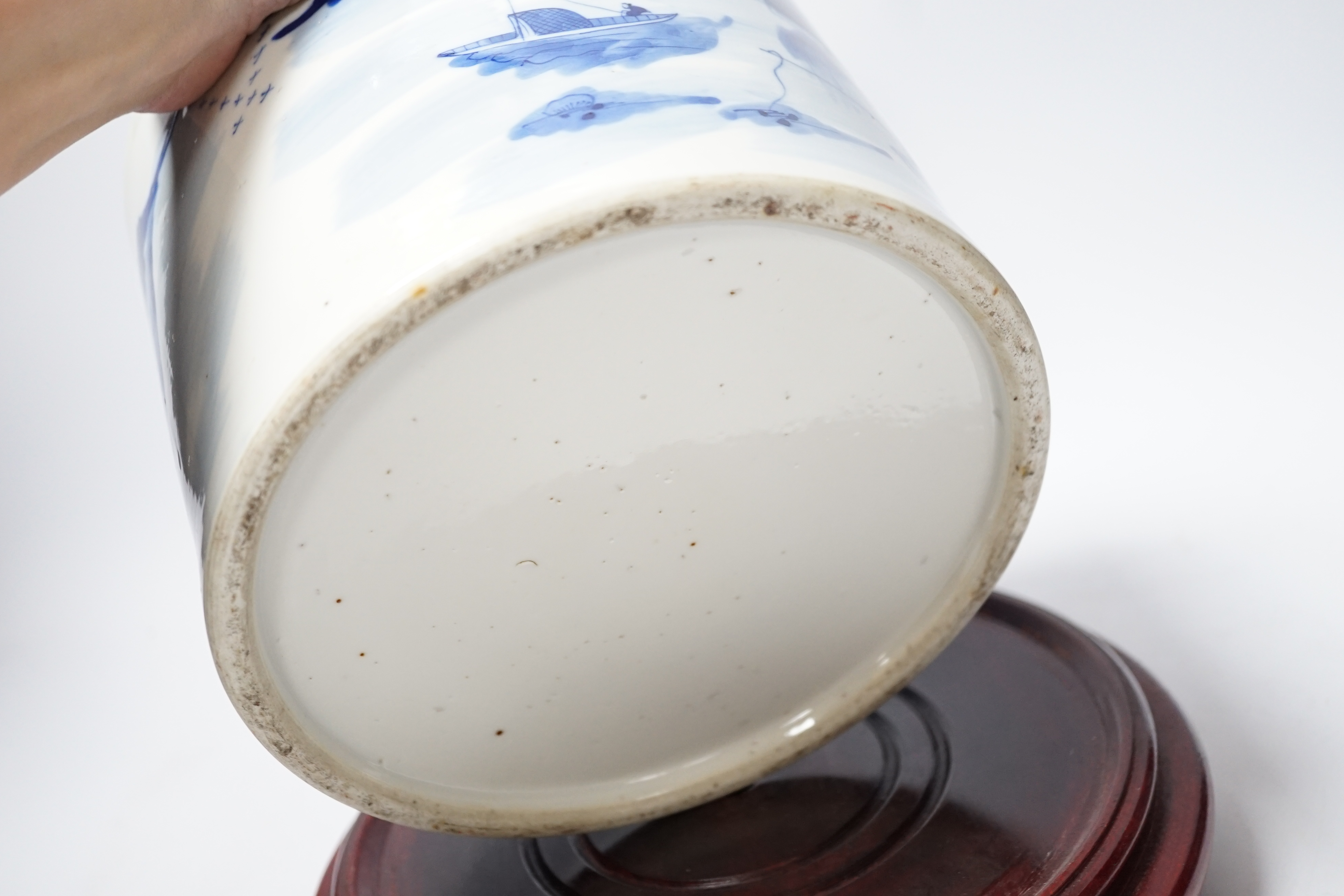 A Chinese blue and white ‘landscape’ cylindrical brushpot, bitong, 19th century